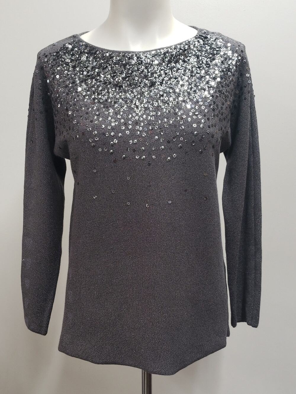 Chico's Sparkle Sequin Gray Long Sleeve Knit Top Women's Size Small